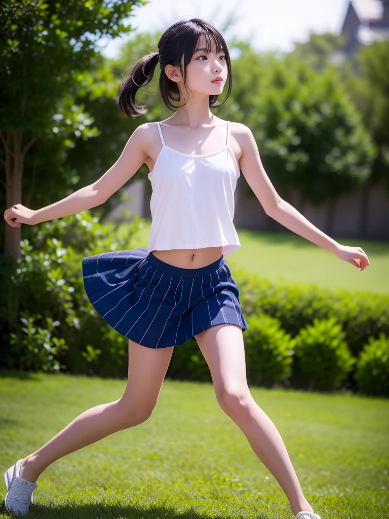 (masterpiece, highest quality:1.4), Award-winning portraits, 8k, 85mm, alone, Beautiful Face, Delicate girl, (Cheerleader、On the grass), Sophisticated, cute, , RAW Photos, Confused, High resolution, Sharp focus, Background Blur、(((flat 、thin and delicate body、Childish atmosphere)))、shiny semi-long hair、ponytail、Mole on the left cheek、 Dark blue eyes、the skirt is swaying in the wind、Hair swaying in the wind、sexy、flexible legs