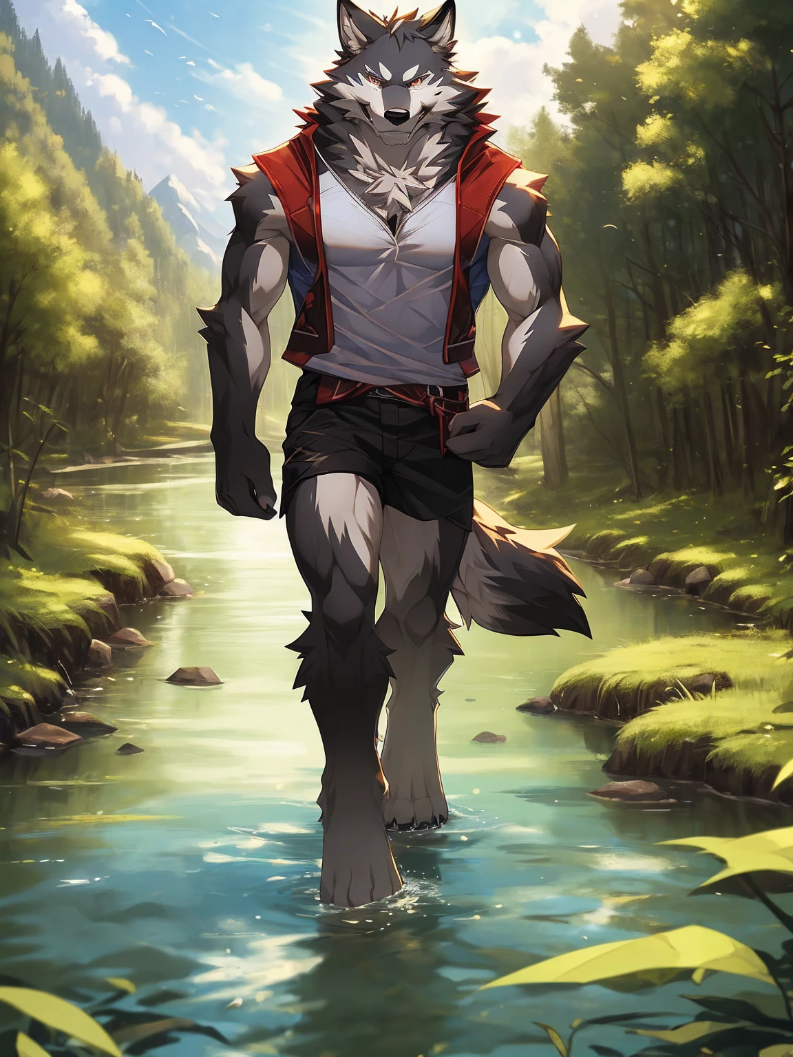 ((masterpiece)), best quality, (8K, best quality, masterpiece: 1.2), Extremely detailed, A male wolf, Fury, dressed in low waist and barefoot, walks along a river in a valley.