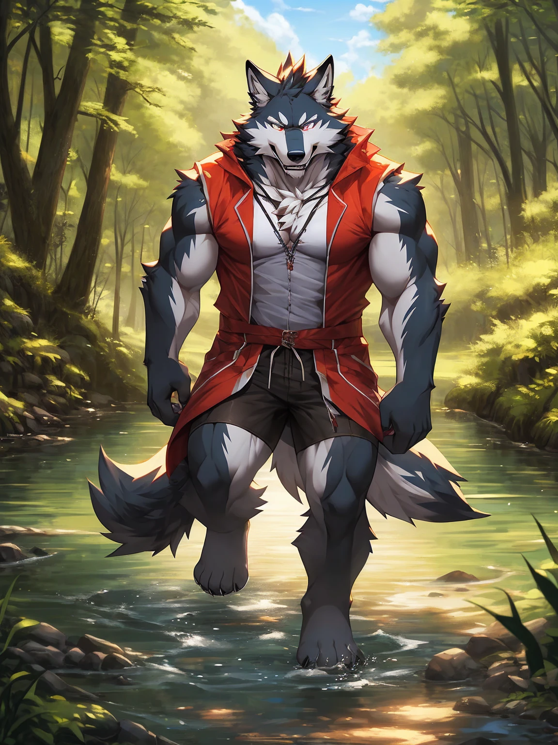 ((masterpiece)), best quality, (8K, best quality, masterpiece: 1.2), Extremely detailed, A male wolf, Fury, dressed in low waist and barefoot, walks along a river in a valley.
