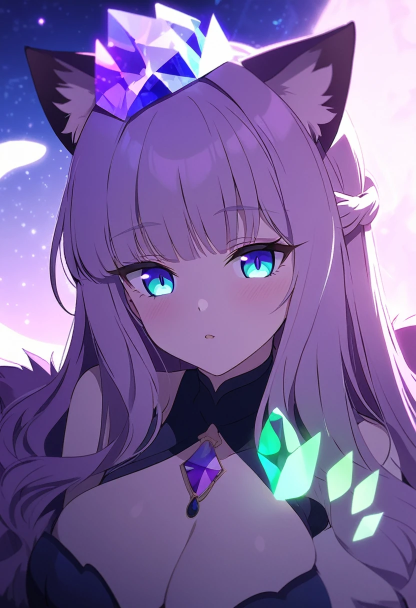 A stunningly beautiful cat girl, her feline features perfectly blended with the alluring curves of a human form. Her fur is a lustrous shade of sapphire blue, silky and soft to the touch. Her eyes glow with an otherworldly iridescence, constantly shifting between vivid shades of emerald green and amethyst purple. Her cat ears perk atop her head, twitching with interest as she focuses on something just out of view.