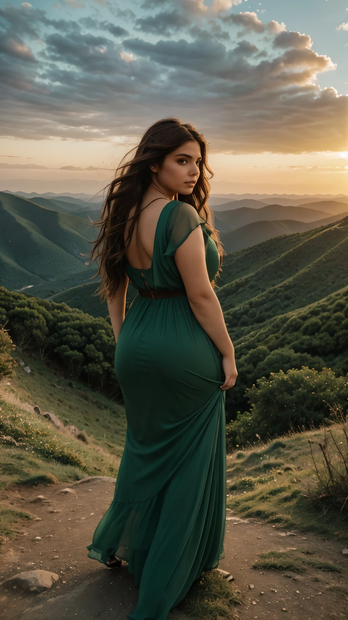 Rear view woman with bright brown disheveled hair, curvy body,  Wonderful big eyes and plump lips, stands on top of a mountain and looks at the landscape. She is dressed in a long chiffon dress, flowing, Flying dark green dress, Sunset