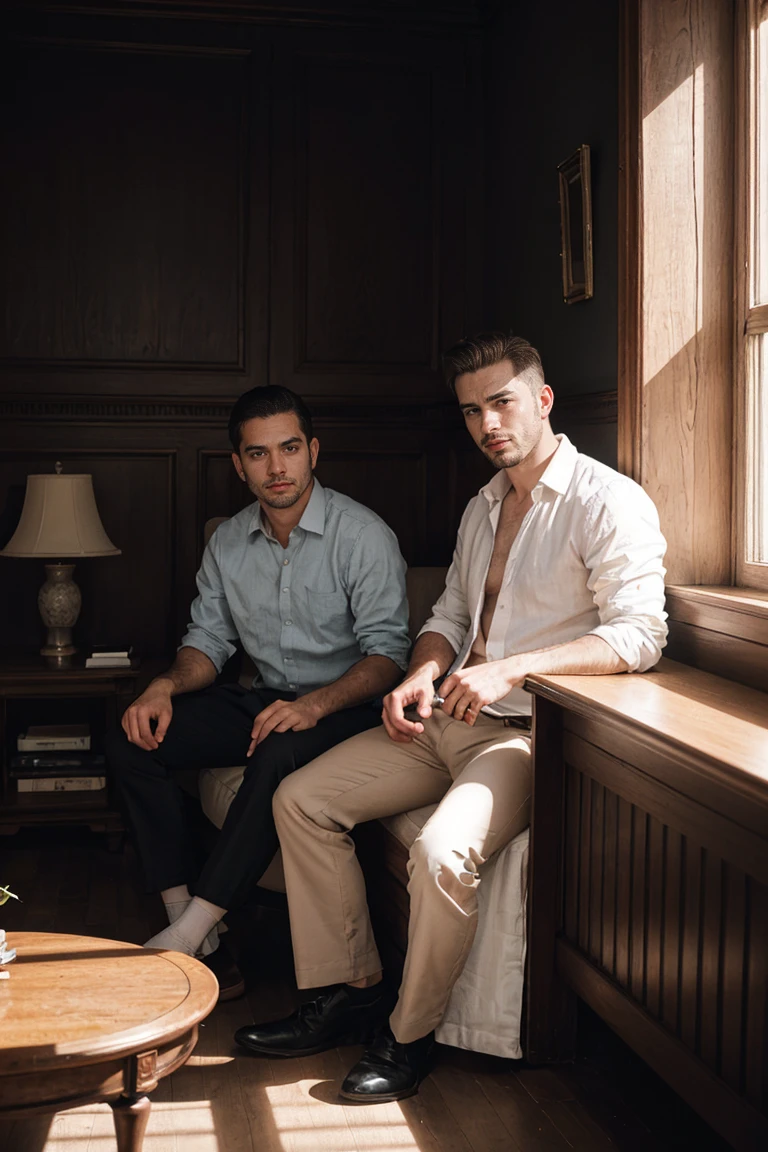 shot on leica, shadowplay, gorgeous lighting, subtle hues ,handsome men ,living room
