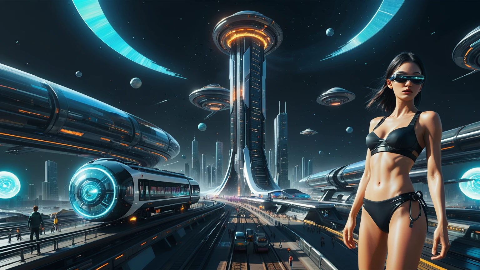 Brightly colored abstract aerial view image of a futuristic railway station with a spiral, a (((((futuristic train))))) passing by, epic beautiful space sci-fi, chaotic cinematic space rift, Greg Beeple, planets colliding, Beeple and Tim Hildebrandt, Beeple and Jean Giraud, end of the universe, galaxy space sci-fi, ringworld, by Mike "Beeple" Winkelmann. Matrix style, (((((Matrix cascading code))))), (((((a futuristic twin tower skyscraper with a unique twisted design))))), (((((OLED GUI interfaces in the building))))), at night, (((((1girl, solo))))), photo realistic, (((large-breast:1.2 slim body, cleavage))), (((off broken mini sling-shirt and black sling bra, extreamly short pleated miniskirt exposing panty))), (((((running pose))))), (((((((matrix style black micro sunglasses))))))), ((((((((((aiming with a short gun)))))))))), (((((looking at camera))))), (((very low view))), (((((half-body thigh level medium shot))))), (((cinematic lighting))).
