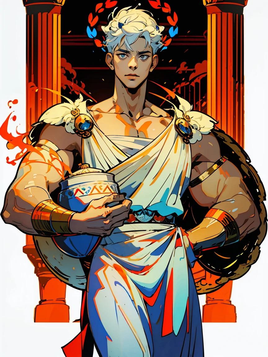 1boy, alone, 25 years old, young, white hair, blue eyes, insister sur les reflets des yeux bleus, cheveux blancs, mid lenght hair, bowl haircut, bowl hair cut, boss, formal business outfit, white outfit, white clothes, arrogant look, boastful expression, hades style, hades game, Jen zee style, greek themed image, greek background, hypnos, tartarus scenery, fumes, greek columns in background, lots of columns, greek architecture, white themed image, white furniture, orange touches of color, orange walls, looking at viewer, holding an urn of value hades game wiki obols, hades, game, wiki, obols