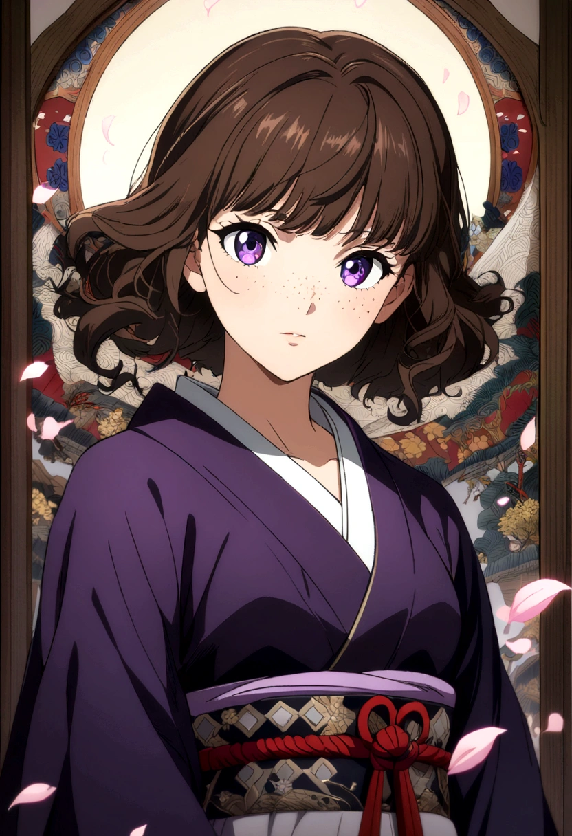 1girl, beautiful anime girl, short wavy brown hair, freckles. Dark purple robes, long skirt, petals, samurai, dark eyelashes, perfect eyes, perfect face, intricate, intricate details, epic, character portrait, cinematic portrait, anime, anime art