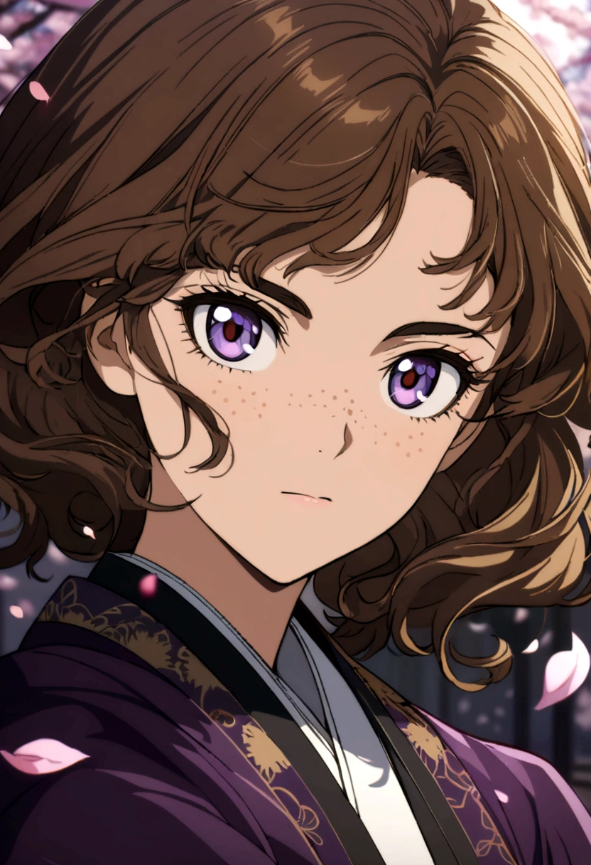 1girl, beautiful anime girl, short wavy brown hair, freckles. Dark purple robes, long skirt, petals, samurai, dark eyelashes, perfect eyes, perfect face, intricate, intricate details, epic, character portrait, cinematic portrait, anime, anime art