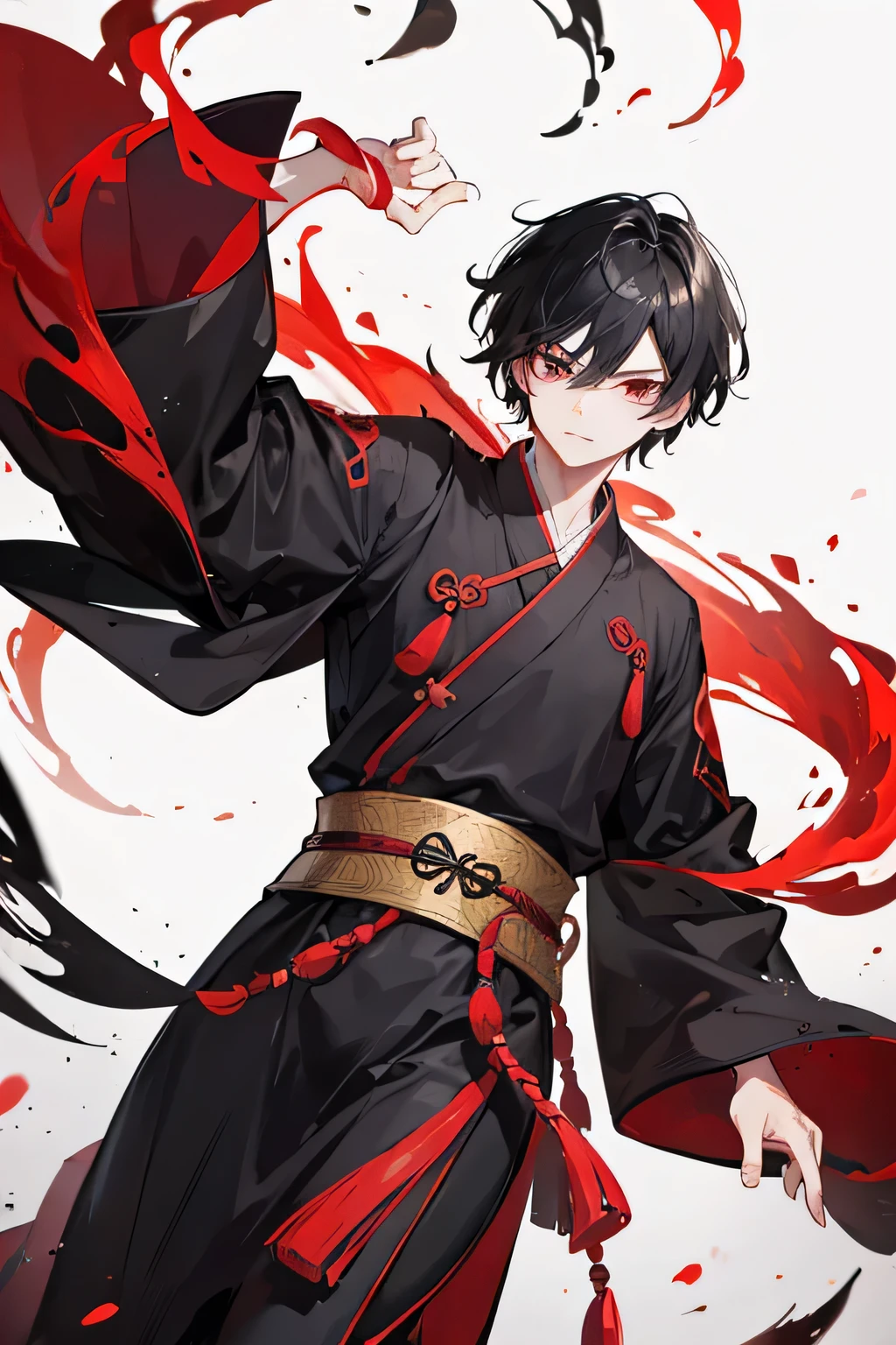 1 boy, black hair, black and red hanfu robes, ancient Chinese style, immortal cultivator
