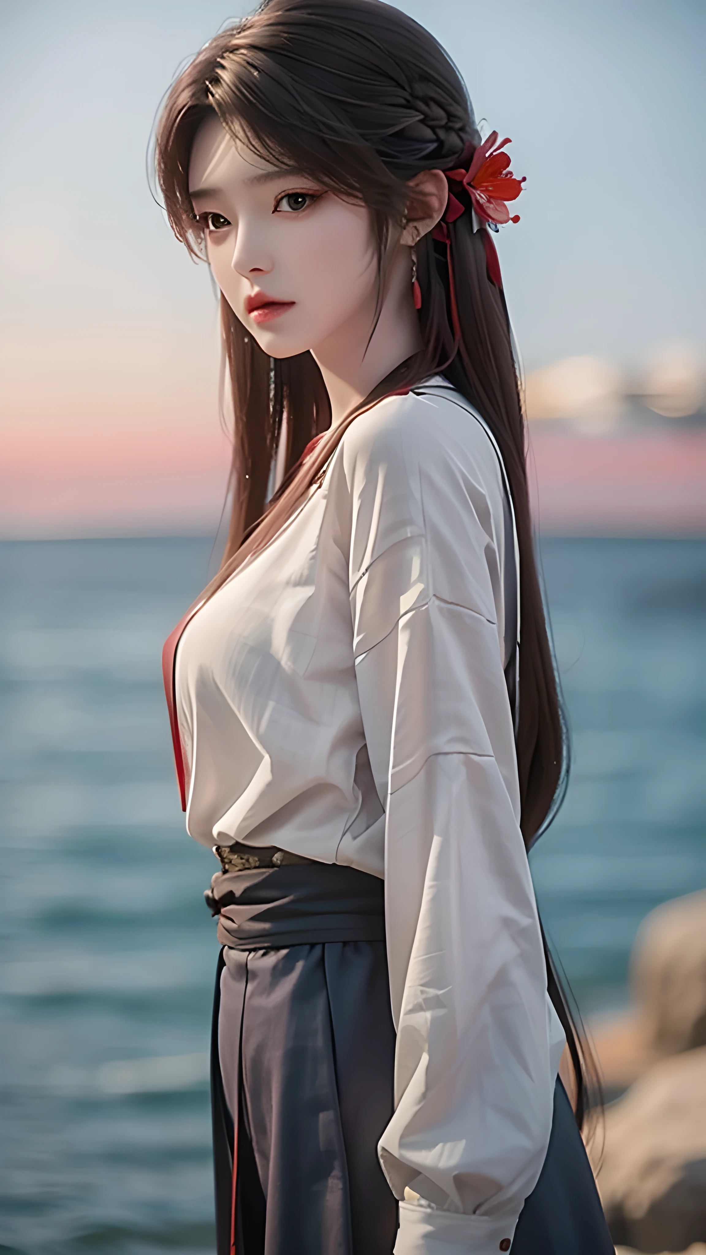 content:beauty,Black Hair,Brown eyes,Long hair,Straight Hair,Nice hairstyle,Red head rope,She is wearing a white shirt,Shoulders exposed,Dark blue skirt,In the background,The setting sun casts a golden beauty on the waves:photography。style:Surrealism,Capturing the essence of a calm evening training session。Light:The soft light of sunset enhances the beauty of natural light。color:Warm sunset tones and cool blue ocean.Work:Photographed with a Canon EOS 5D Mark IV digital SLR camera,efm50mm focal length/1.8STM lens,Resolution 30.4 megapixels,ISO Speed:100,Shutter Speed 1/125 second,Focus on idol background,Emphasize visual depth。--16:9-V5.1--style original--Q2-S750
