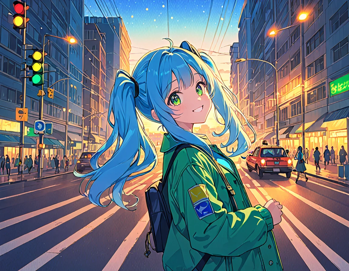 Downtown at sunset、Traffic lights flashing blue against the evening sky、Traffic lights floating in the sky、Light blue long hair、Beautiful girl with twin tails、Bright smile、Green blouson、The traffic light is flashing blue、 Lo-fi art style, Nostalgic and melancholic artwork,