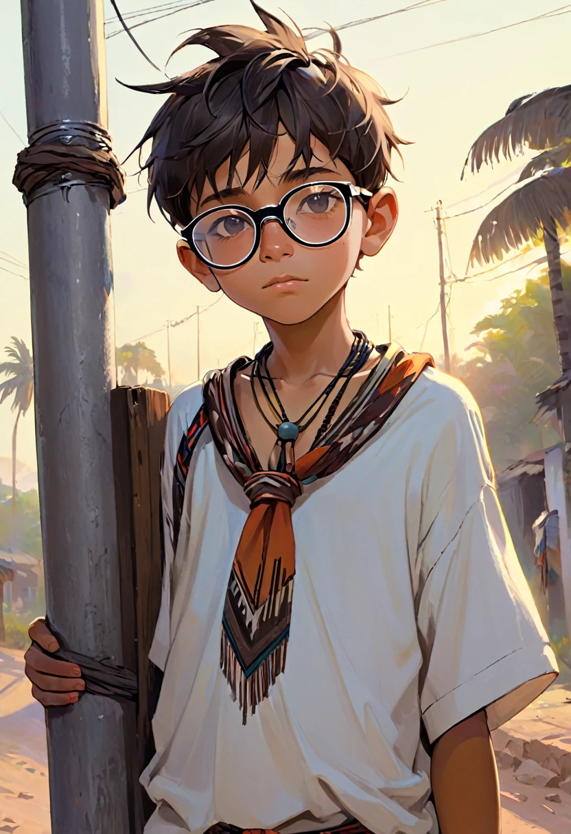 Tribal boy whit avidor glasses 15 years old tied to a light post 
