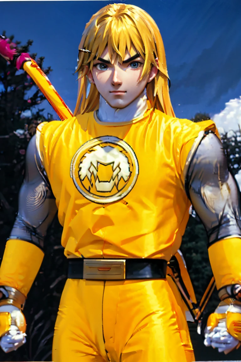 kenalpha, 1boy, male focus, blonde hair, long hair, muscular, pectorals, nsyellownohelmet, gloves, belt, yellow bodysuit, white gloves, yellow pants, original, (masterpiece), (illustration), (extremely fine and beautiful), perfect detailed, photorealistic, (beautiful and clear background:1.25), (depth of field:0.7)