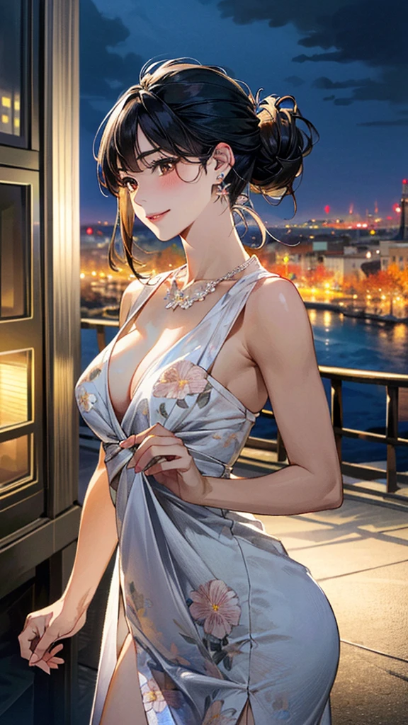 (masterpiece:1.3, Highest quality, Ultra-high resolution, Super detailed), (Realistic, photoRealistic:1.4), Beautiful illustrations, Perfect lighting, colorful, Depth of written boundary, 
Beautiful detailed hair, Beautifully detailed face, Beautiful fine details, Beautiful clavicle, Beautiful body, 美しいLarge Breasts, Beautiful thighs, Beautiful feet, Beautiful fingers, 
View Viewer、Front view:0.6, Beauty1人, Japanese, Beauty、30 years old, Perfect Face, (Perfect Anatomy, Anatomically correct), Cute and symmetrical face, Baby Face, , Shiny skin, 
((Floral、long、A-line dress:1.4))
(Black Hair, Updo Hair:1.4),  Dark brown eyes, (Large Breasts), Slim body, 
necklace, Small earrings:1.1, 
(Beautiful views), (night), (city, cityscape in the distance), Standing with good posture, A soft smile、(Smile, Lips parted), 