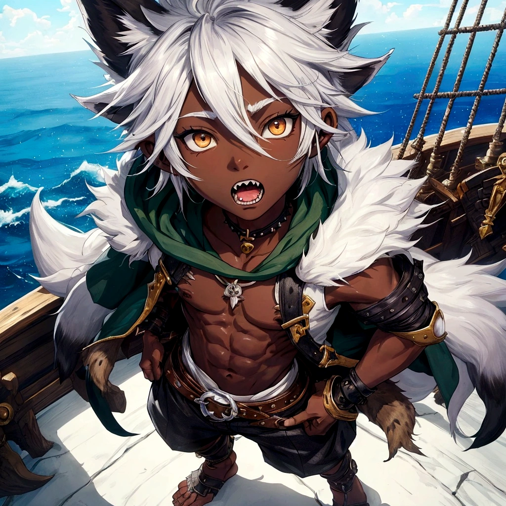 Full body art in the FinalFantasy-Anime style, a beautiful boy with black skin tone like ebony made of shadows, 11-years old, white eyes, spiky white hair lifted upwards, frayed and combed back. He has jaguar ears, sharp teeth and claws on his hands and feet, he is walking on the ship, he wears rustic Druid clothes made of very short leather, with a fur hood, perfect and large feet. on a pirate ship
