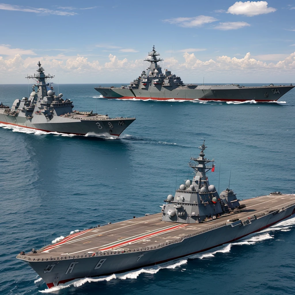 Warship with the Mexican flag with 8 turrets with four guns each with a take-off platform for fighter aircraft and 36 destroyer and battleship type missile silos