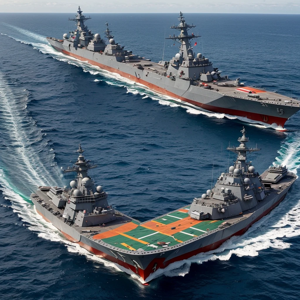 Warship with the Mexican flag with 8 turrets with four guns each with a take-off platform for fighter aircraft and 36 destroyer and battleship type missile silos