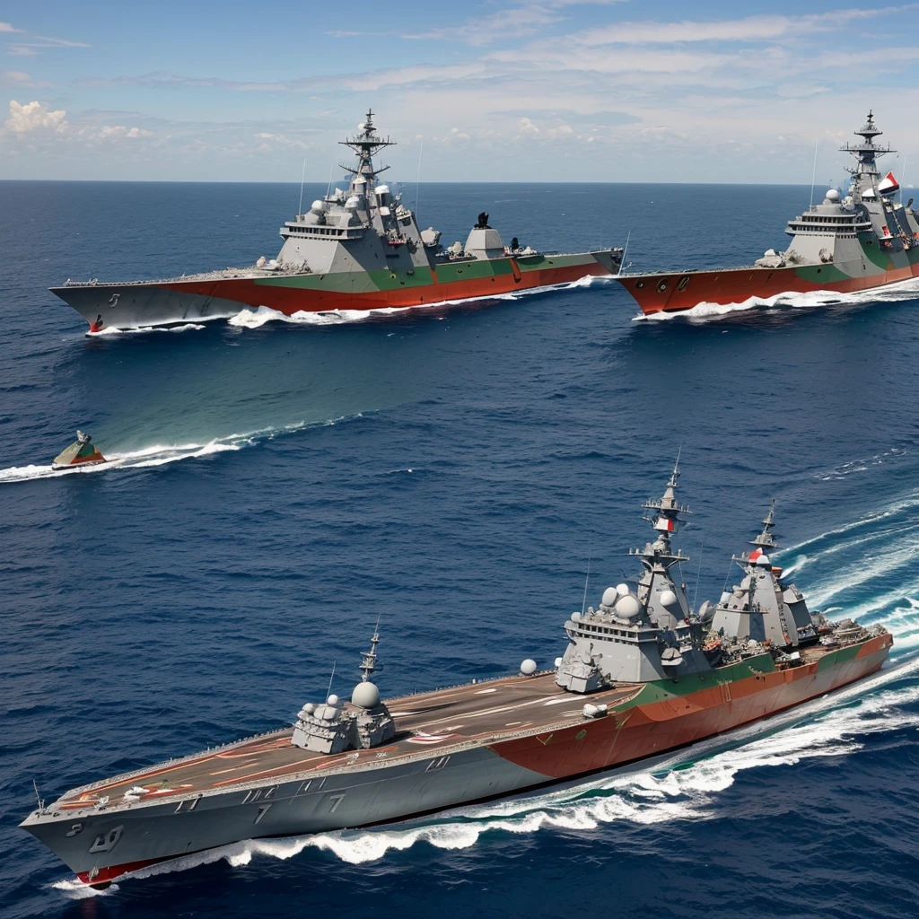Warship with the Mexican flag with 8 turrets with four guns each with a take-off platform for fighter aircraft and 36 destroyer and battleship type missile silos