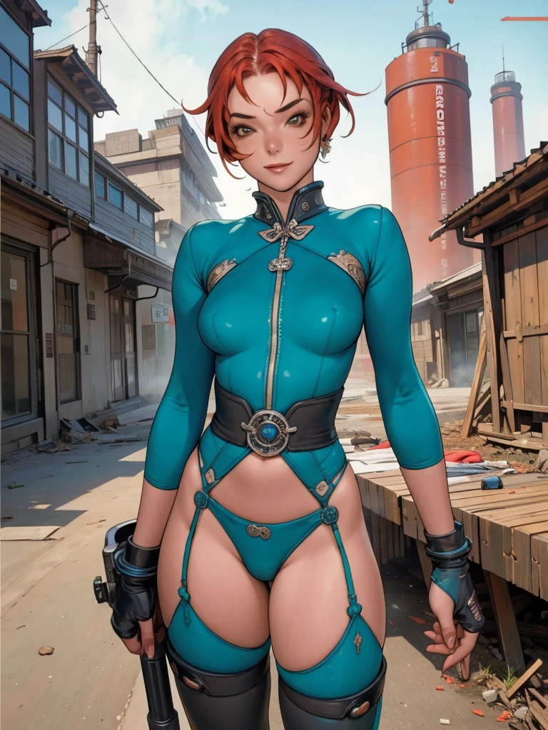 (((Teal Suit))), (((red hair bob haircut))), (((devilish smile))), (((melhor qualidade: 1.4))), (((full metal))), (((DuneWalker))), (((post-apocalypse))), (Unbeatable masterpiece), (hiper HD),(CG 8k hiper-realista), 1Garota armada em um mundo futurista usando roupas coloridas e modernas. Corte de cabelo ultra moderno, perfect body with robotic parts, seios grandes, bunda perfeita, muscles without exaggeration, rosto lindo com olhos azuis penetrantes, add textures to clothes and create something different from the usual, add accessories like garter belt, espartilho e luvas com listras, pele bronzeada e com brilho de molhado, industrial environment with giant heavy machines, Intricate machinery and giant robot parts