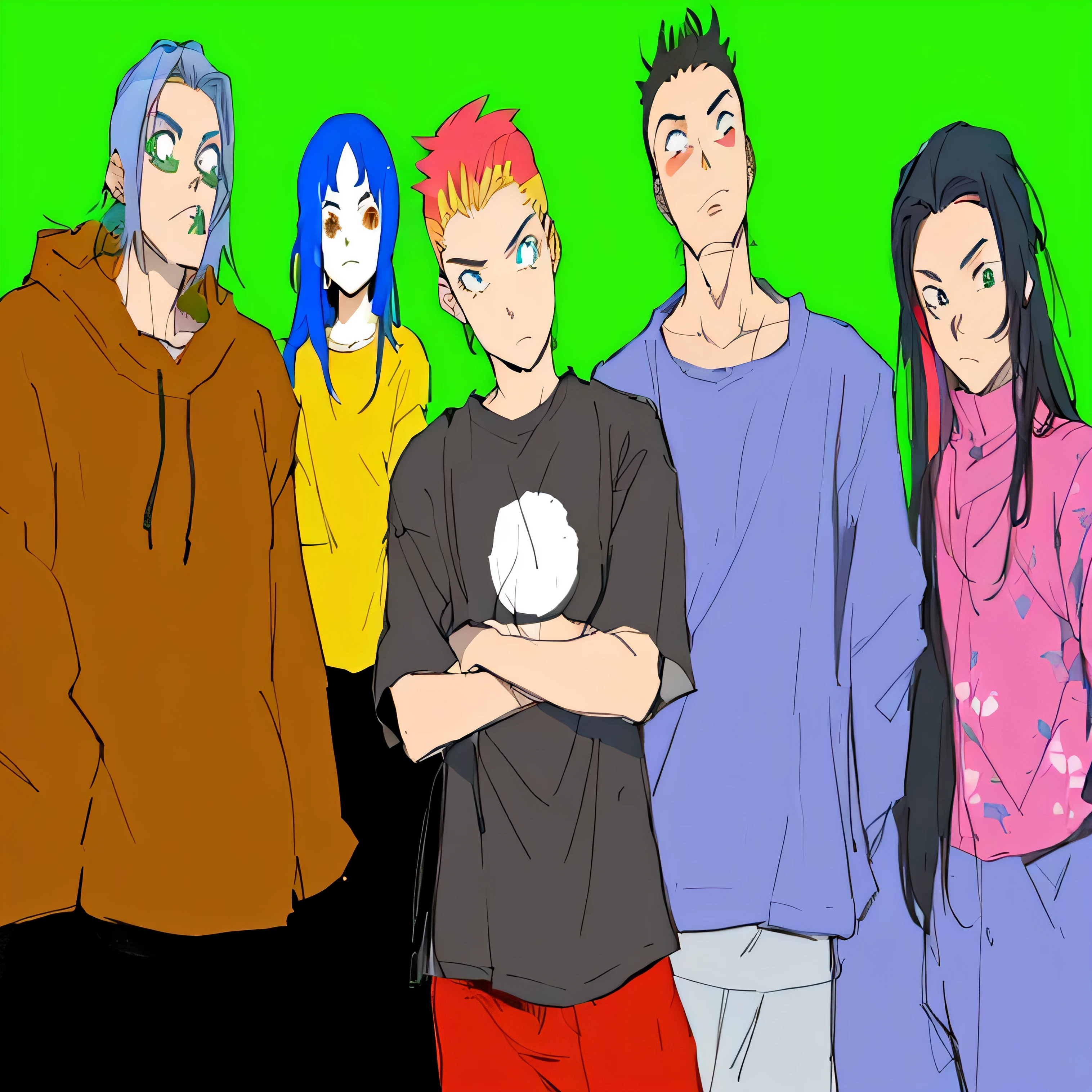 um desenho animado de um grupo de pessoas ao lado um do outro, color manga panel, no estilo anime, Estilo anime dos anos 90, colorful drawing anime manga panel, Estilo de anime dos anos 90, Japanese anime style, color manga, em estilo anime, painel de color manga, tela colorida, cel - estilo de arte sombreado, Gorillaz Fase 1