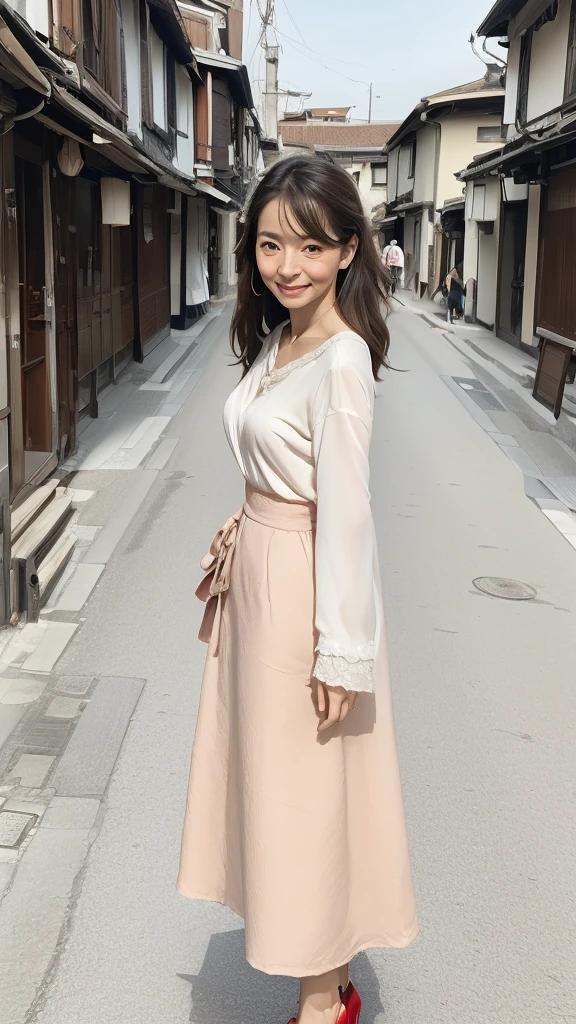 ((Highest quality)), ((8K)), ((masterpiece:1.3)), (Perfect look), (Photorealism:1.6), (One Japanese Mature), (A woman walking through an old street lined with Japanese houses), (Tenement houses on both sides of the road), (Blurred Background), (PT, JMA), ((画面中央にOne Japanese Mature)), ((Realistic skin texture)), (Fine wrinkles all over the skin:1.3), (Dull skin:1.1), (Unmoisturized skin:1.2), (Facial wrinkles:0.9), (Wrinkles around the eyes:1.2), double eyelid, Tear bags on the lower eyelids, (Crying Mole:0.9), The eyes are watching me, Serious look, (Dimples on cheeks:1.2), (Short bangs:1.2), Long hair with curled ends, (Hair over the ears), Smiling with the corners of his mouth turned up, (Red blouse), (Black long skirt), Soft fabric blouse, (Wide-necked blouse: 1.4), Wide sleeves, Cuffs that fit snugly around the wrist, Long Skirt, Small breasts, (Salmon pink lips), (Red high heels：1.2), (Pulling a suitcase with the left hand), (Standing posture, Full body portrait：1.4), (Angle from the feet：1.4),