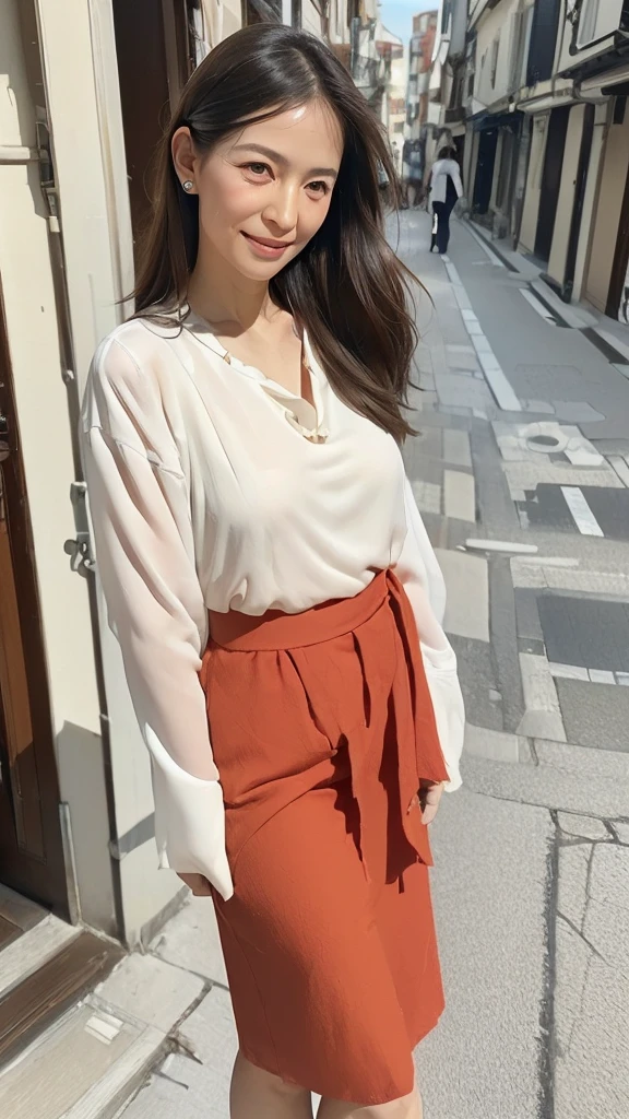 ((Highest quality)), ((8K)), ((masterpiece:1.3)), (Perfect look), (Photorealism:1.6), (One Japanese Mature), (A woman walking through an old street lined with Japanese houses), (Tenement houses on both sides of the road), (Blurred Background), (PT, JMA), ((画面中央にOne Japanese Mature)), ((Realistic skin texture)), (Fine wrinkles all over the skin:1.3), (Dull skin:1.1), (Unmoisturized skin:1.2), (Facial wrinkles:0.9), (Wrinkles around the eyes:1.2), double eyelid, Tear bags on the lower eyelids, (Crying Mole:0.9), The eyes are watching me, Serious look, (Dimples on cheeks:1.2), (Short bangs:1.2), Long hair with curled ends, (Hair over the ears), Smiling with the corners of his mouth turned up, (Red blouse), (Black long skirt), Soft fabric blouse, (Wide-necked blouse: 1.4), Wide sleeves, Cuffs that fit snugly around the wrist, Long Skirt, Small breasts, (Salmon pink lips), (Red high heels:1.2), (Pulling a suitcase with the left hand), (Standing posture, Full body portrait:1.4), (Angle from the feet:1.4),