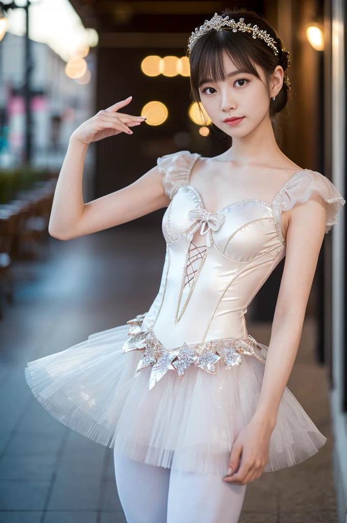 ((Tabletop:1.4, Highest quality)), (Realistic photos:1.4), ((1 Girl)), (Adorable Idol), (dream-like), (超High resolution:1.2), Very delicate and beautiful, wonderful, Very detailedな CG Unity 8k 壁紙, Very detailed, High resolution, Soft Light, Beautiful detailed girl, Very detailedな目と顔, Beautiful and exquisite nose, Beautiful and exquisite, (Wearing a white ballet costume, Long skirt:1.3), Cinema Lighting, Perfect Anatomy, Slender body, (I'm dance ballet:1.3), (Formal stage), (Beauty like a Degas painting), Cowboy Shot, (Serious face)