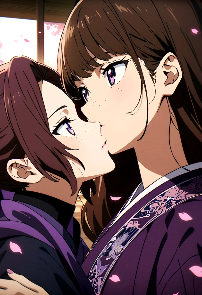 beautiful anime girls, two girls kissing, short wavy brown hair, freckles. Dark purple robes, long skirt, petals, samurai, dark eyelashes, perfect eyes, perfect face, intricate, intricate details, epic, character portrait, cinematic portrait, anime, anime art