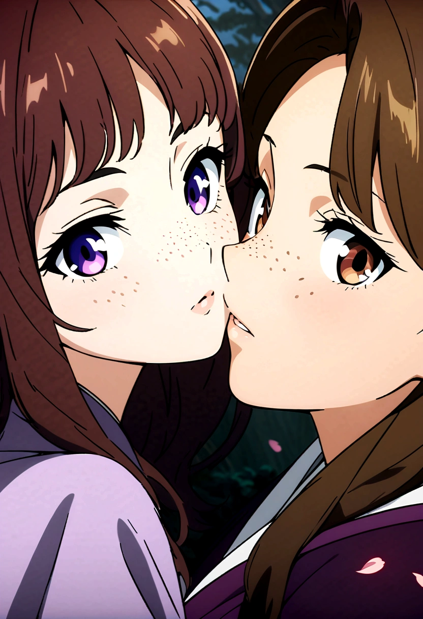 beautiful anime girls, two girls kissing, short wavy brown hair, freckles. Dark purple robes, long skirt, petals, samurai, dark eyelashes, perfect eyes, perfect face, intricate, intricate details, epic, character portrait, cinematic portrait, anime, anime art