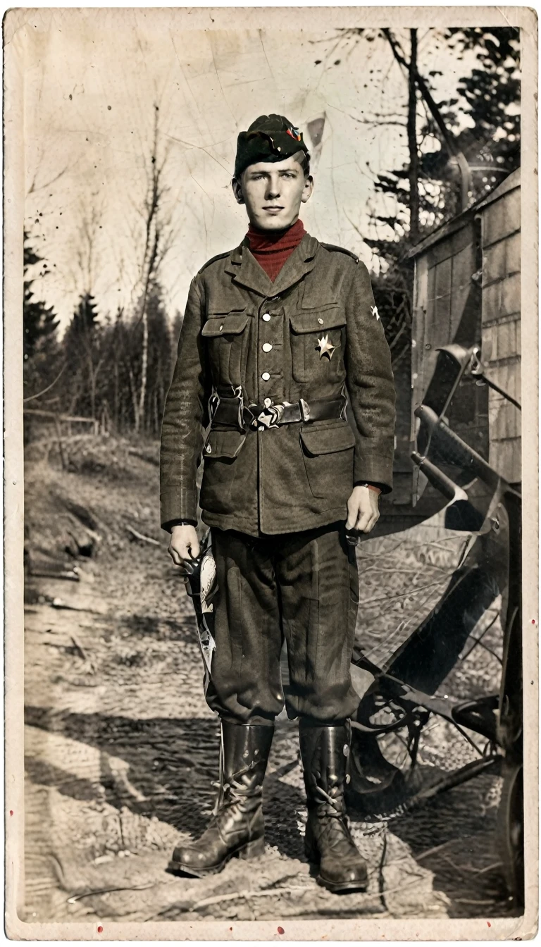 Year 1939, Young man aged 17-18 years , Dark green jacket, red turtleneck, The jacket has a red four-pointed star on the lapel..., Wearing a black vest throughout.., Wearing light green M35 Harovari pants..., Military boots, Wear a Soviet Pilotka Cap.(clamp cap) There is a red star attached to it.., Eastern Slavs(Soviet Union), Soviet Union, World War 2, ww2 old photos, , ww2 military camp