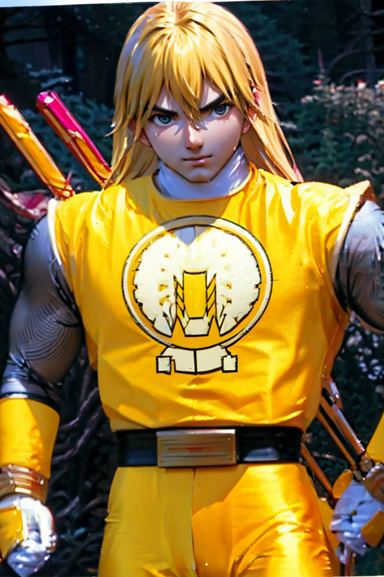 kenalpha, 1boy, male focus, blonde hair, long hair, muscular, pectorals, nsyellownohelmet, gloves, belt, yellow bodysuit, white gloves, yellow pants, original, (masterpiece), (illustration), (extremely fine and beautiful), perfect detailed, photorealistic, (beautiful and clear background:1.25), (depth of field:0.7)
