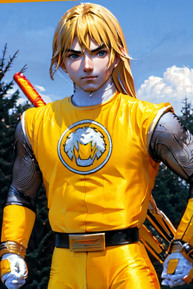 kenalpha, 1boy, male focus, blonde hair, long hair, muscular, pectorals, nsyellownohelmet, gloves, belt, yellow bodysuit, white gloves, yellow pants, original, (masterpiece), (illustration), (extremely fine and beautiful), perfect detailed, photorealistic, (beautiful and clear background:1.25), (depth of field:0.7)
