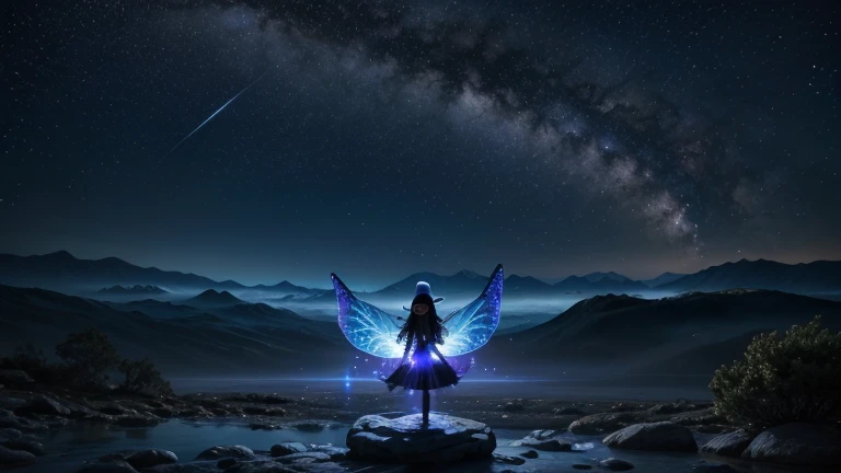 *Background:** A starry night sky, with shades of dark blue and purple, conveying the feeling of mystery and the invisible realm.
* **Center:** A glowing circle, which could be a full moon or a portal, with a luminous effect that invites the viewer to enter.
* **Elements:** Images of the four Elementals, in silhouettes or semi-transparent, positioned around the circle:
* **Gnome:** A gnome with a mushroom hat, holding a precious stone.
* **Undin:** A female figure, with long flowing hair, diving into a waterfall.
* **Sylph:** An ethereal figure, with butterfly wings, floating among the clouds.
* **Salamander:** A salamander with blue flames, with a powerful expression.
* **Details:** Small details, such as shooting stars, mists, and natural elements (trees, mountains) in dark tones, add depth to the image.