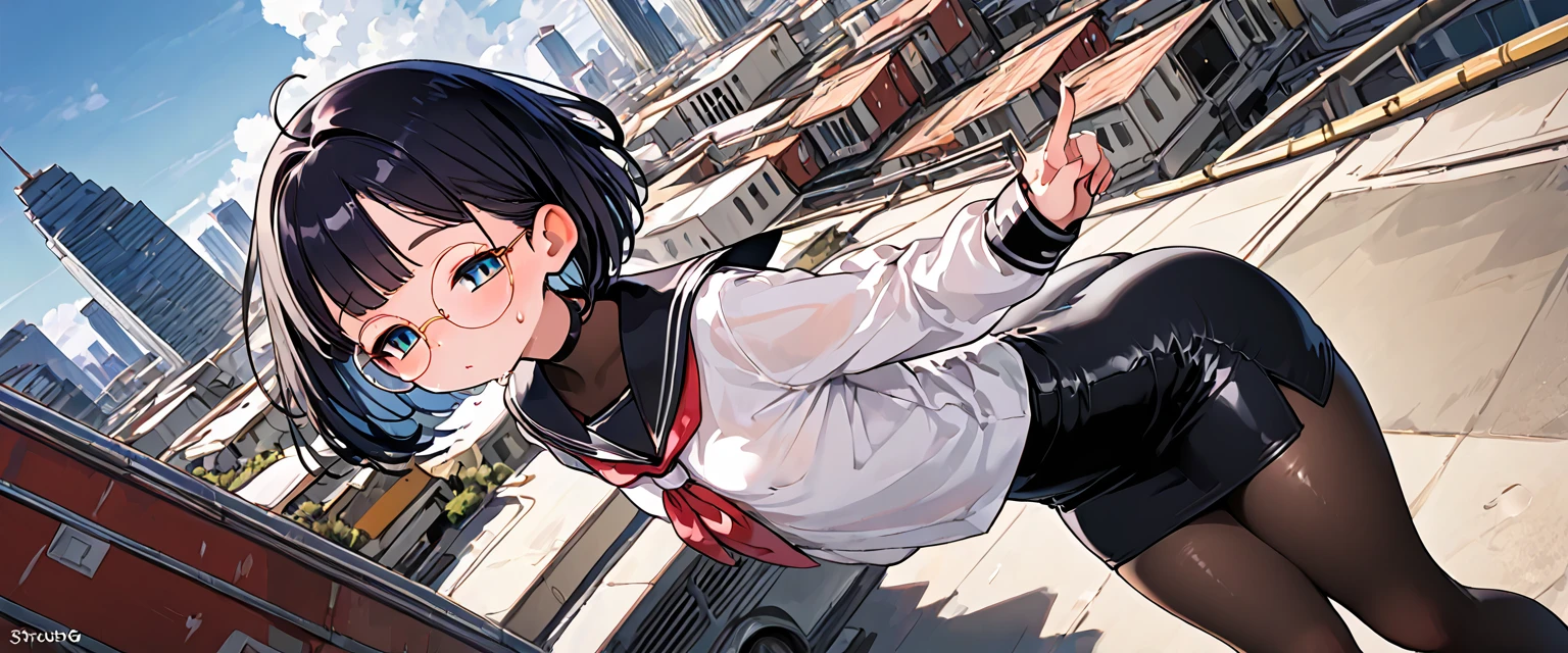 (masterpiece), (best quality), ((ultra-detailed)), (high resolution), (an extremely delicate and beautiful, super fine illustration), official art, BREAK 1girl, (:1.5), (tiny girl:1.7), (5yo)lat chest:1.4), Plump, (Thick thighs:1.5), (big ass:1.5), erect nipples, Huge areola, large nipples, long nipples, erect nipples, oily skin, BREAK droopy eyes, emerald blue eyes, (bad mood:1.3), (clear face:1.3), (half closed eyes:1.4), BREAK bob cut, tired hair, messy hair, Black hair color, girl wearing black round glasses, BREAK loafers, (pencil skirt:1.3), (black sailor uniform:1.4), BREAK (white bodystocking:1.4), BREAK Sweat, steam, humid, BREAK (standing on the city), BREAK (dynamic angle:1.4),