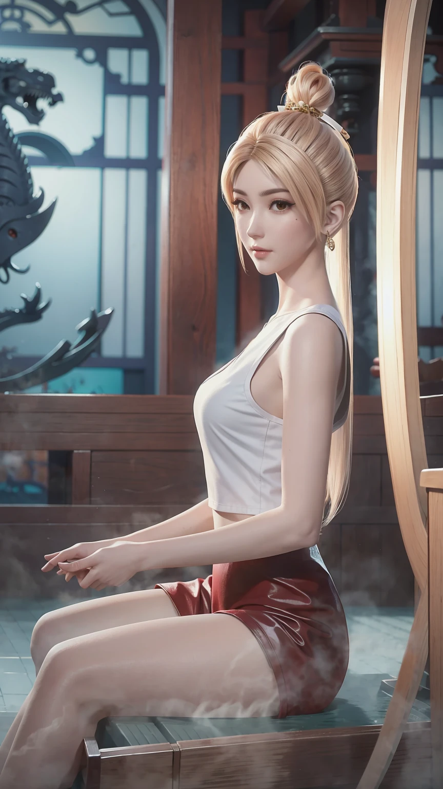 Beautiful woman in red sailor suit, Exorcism, Sit in a Chinese temple, The dragon is winding, Anime Girl Cosplay, Roleplay pictures, Anime role playing, Sailor Moon style, Realistic style, Cinema machine shooting, 8K Native, Lighting Effects, Attractive anime girl, Beautiful and attractive anime woman, Anime Goddess