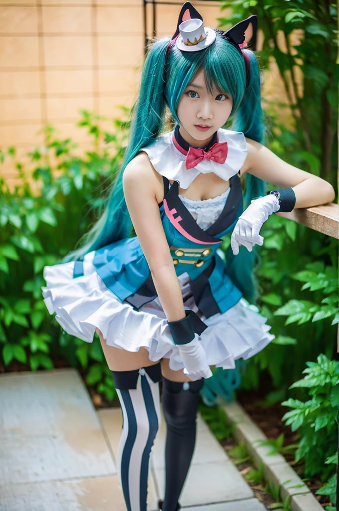 hatsune miku cosplay costume, hatsune miku, magical mirai miku, cosplay, aqua hair, twintails, very long hair, vest, sleeveless dress, frills, asymmetrical gloves, bowtie, mini hat, hair ornament, gloves, wrist cuffs, asymmetrical legwear, vertical-striped thighhighs, shoes beauty, Beautiful woman，Have a perfect body：1.4，Layered Hairstyle，((Big breasts)), ((D cup)), Visible cleavage，Bare shoulders, Highly detailed face and skin texture，Double eyelids，Skin Whitening，Long hair，Whitening long legs，Standing by the sea, Fashion girl, Red lips, Sweet maiden, Beautiful makeup, detail, lifelike, Very detailed, amazing, beautiful, Young and energetic, high quality，High Definition, rich and colorful，Exquisite, Smooth skin, The skirt is short, Lift the skirt with your hands, Elegant and charming posture, Official Art, Extremely detailed, Movie atmosphere, Soft colors, Natural skin texture,