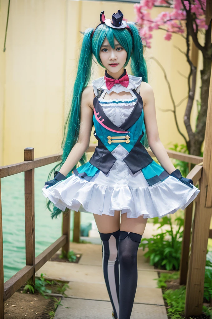 hatsune miku cosplay costume, hatsune miku, magical mirai miku, cosplay, aqua hair, twintails, very long hair, vest, sleeveless dress, frills, asymmetrical gloves, bowtie, mini hat, hair ornament, gloves, wrist cuffs, asymmetrical legwear, vertical-striped thighhighs, shoes beauty, Beautiful woman，Have a perfect body：1.4，Layered Hairstyle，((Big breasts)), ((D cup)), Visible cleavage，Bare shoulders, Highly detailed face and skin texture，Double eyelids，Skin Whitening，Long hair，Whitening long legs，Standing by the sea, Fashion girl, Red lips, Sweet maiden, Beautiful makeup, detail, lifelike, Very detailed, amazing, beautiful, Young and energetic, high quality，High Definition, rich and colorful，Exquisite, Smooth skin, The skirt is short, Lift the skirt with your hands, Elegant and charming posture, Official Art, Extremely detailed, Movie atmosphere, Soft colors, Natural skin texture,