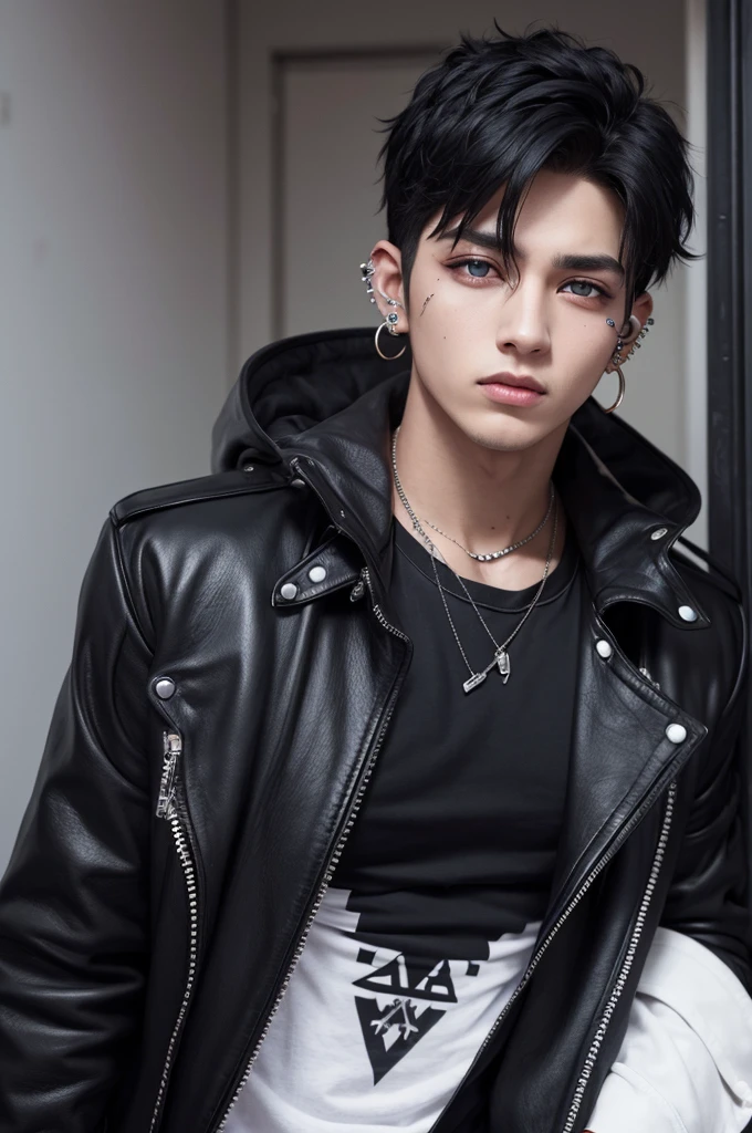 A bad boy with piercings, black hair and blua eyes 