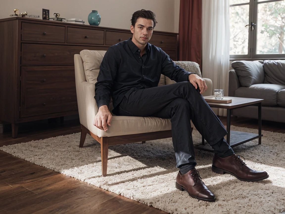 shot on leica, shadowplay, gorgeous lighting, subtle hues ,handsome men ,living room
