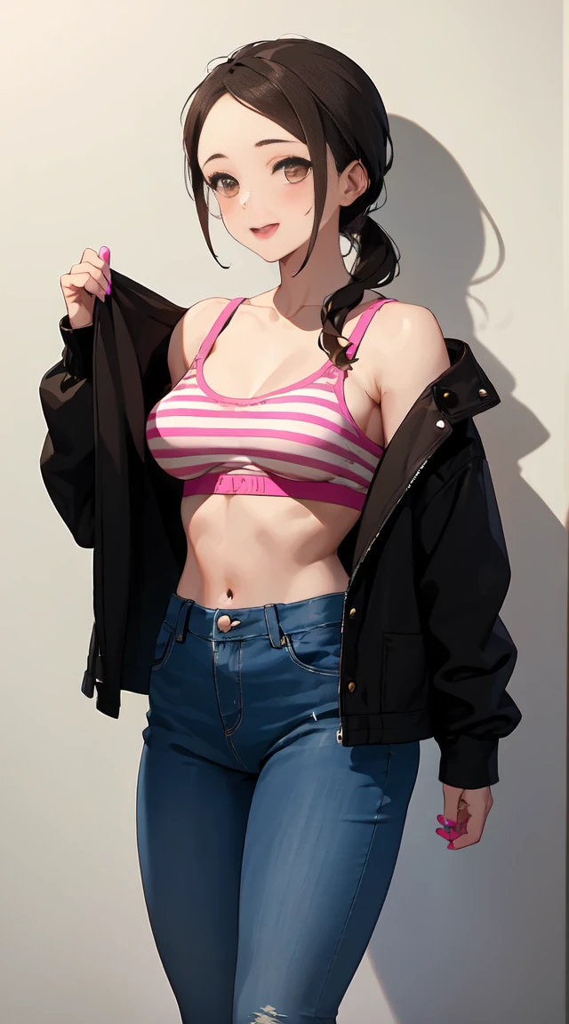 girl with light brown hair and light brown eyes, happy, wearing a jacket with black and white stripes, with her hair tied up, makeup, wearing black jeans, wearing a bra with pink and black stripes