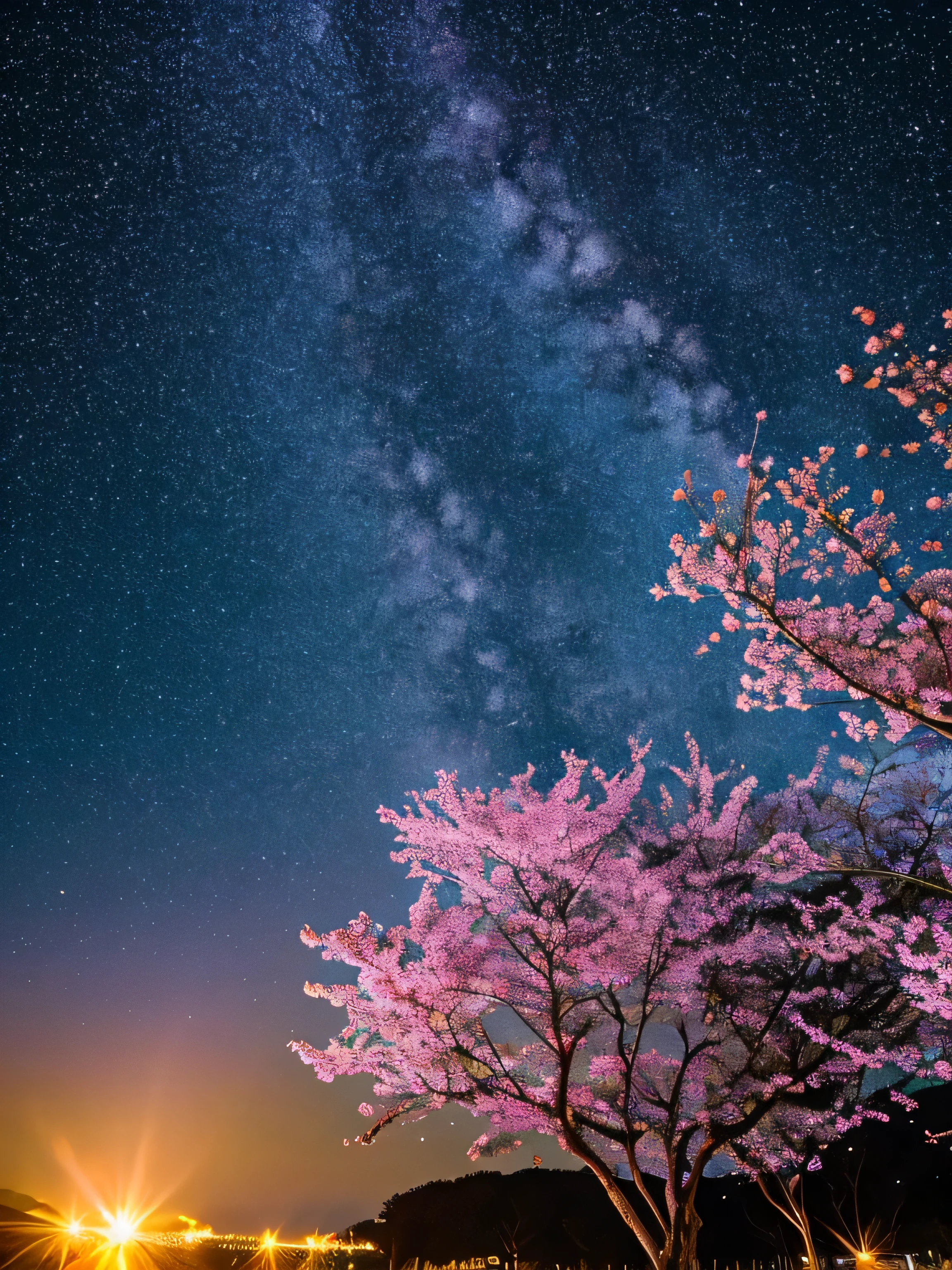 surely, The prompt in this image is, 「Fantastic night cherry blossoms against the backdrop of the brightly shining universe」. There is a bright atmosphere, Highly saturated colors that emphasize the vividness of cherry blossoms and celestial bodies. The stars shine brighter, The Milky Way is depicted in lighter shades of blue and purple., The whole scene glows with an otherworldly glow.. The petals are also infused with delicate rainbow colors..., Creates a great atmosphere, As if the tree was bathed in starlight.。..」