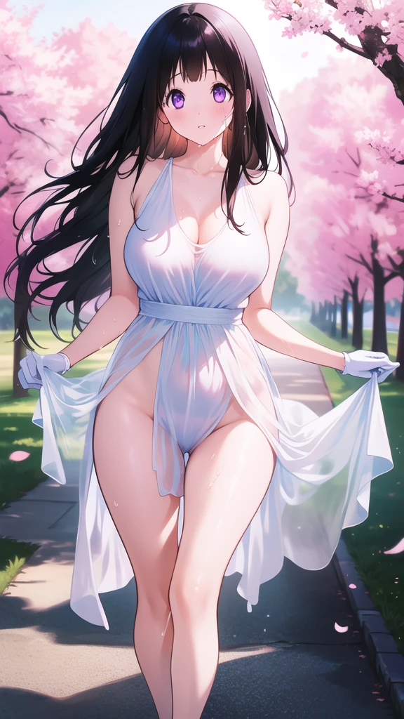 Amazing Chitanda, There is only one beautiful girl,Purple Eyes, Black Hair, Very red face,Very white skin,Glowing skin,Skin as delicate as porcelain,Naturally straight hair, Straight bangs,Extremely refined,Open lips,Long flowing hair,Beautiful Girl, Like a dream,Slim,Slim waist,Soft, (Sensual), (Kawaii), Dream quality,Beautiful big breasts,Transparent loose dress,Areola,Completely naked,White gloves,Flower decoration,Deep V neckline,Loose neckline,Wide neckline,Walking in school,Place your hands on your inner thighs,Thighs clamp hands,Wet skin,Sweaty and sweaty,Underwear Rain,Next to the cherry blossom trees,Back to,Lean over,Hips,Side body,Gluteal groove,Completely naked的臀部,Bare back,Completely naked的背部,Light transmission,(no pants),nopan,pussy juice,Bare shoulders,Bare neck,Exposed collarbone,Exposing breasts,Exposing breasts侧面,Exposing breasts下面,Show your waist,Show your buttocks,Show your thighs,Exposing the groin,(No pants),extremely shy,Ultra-high resolution, (masterpiece:1.2, best quality), (Delicate and beautiful eyes: 1.2), (Beautiful and delicate face)