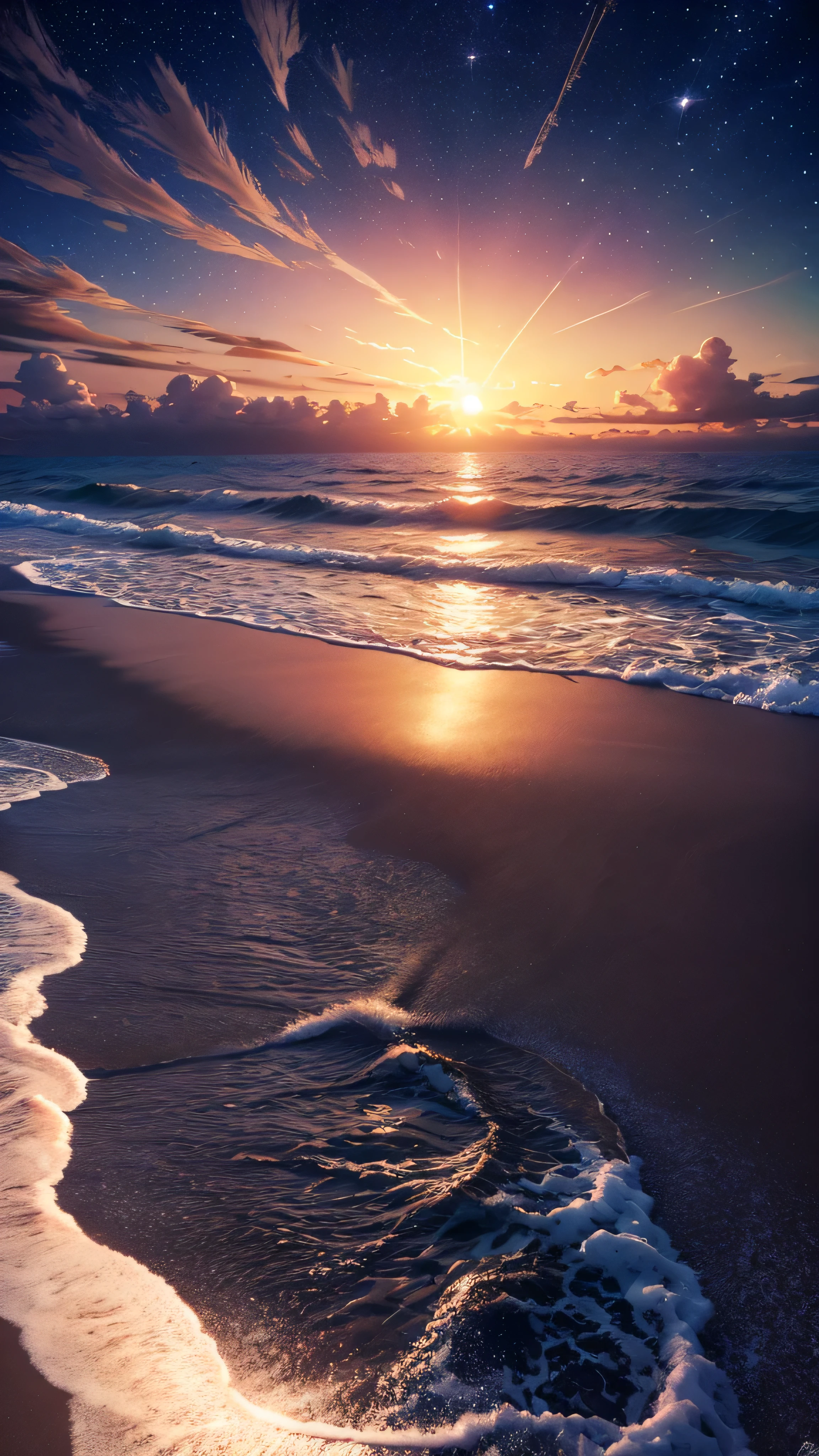 Sunset Beach, Night Sky, Photo realistic, Beautiful sky, Beautiful sea, Detailed, high quality, masterpiece,