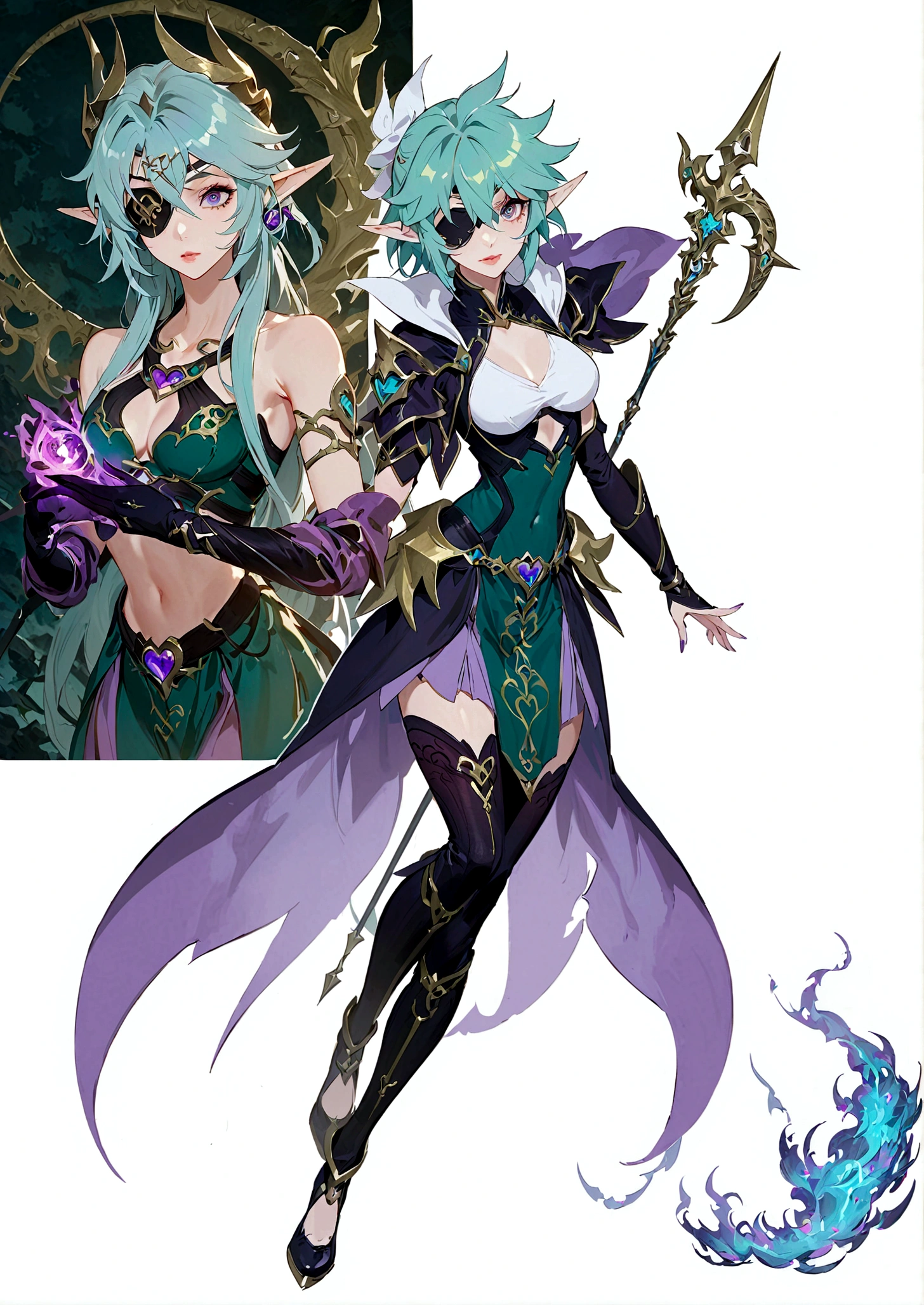 In a painting,A woman in purple clothes, 受 rossdraws 启发的Concept Art, tumblr, Concept Art, Seraphina Ali KDA, League of Legends style, Mysterious art style, dark witch, Arcane spells, League of Legends Characters, arcane league of legends,(Eye patches that completely cover the eyes:1.2),dark elf