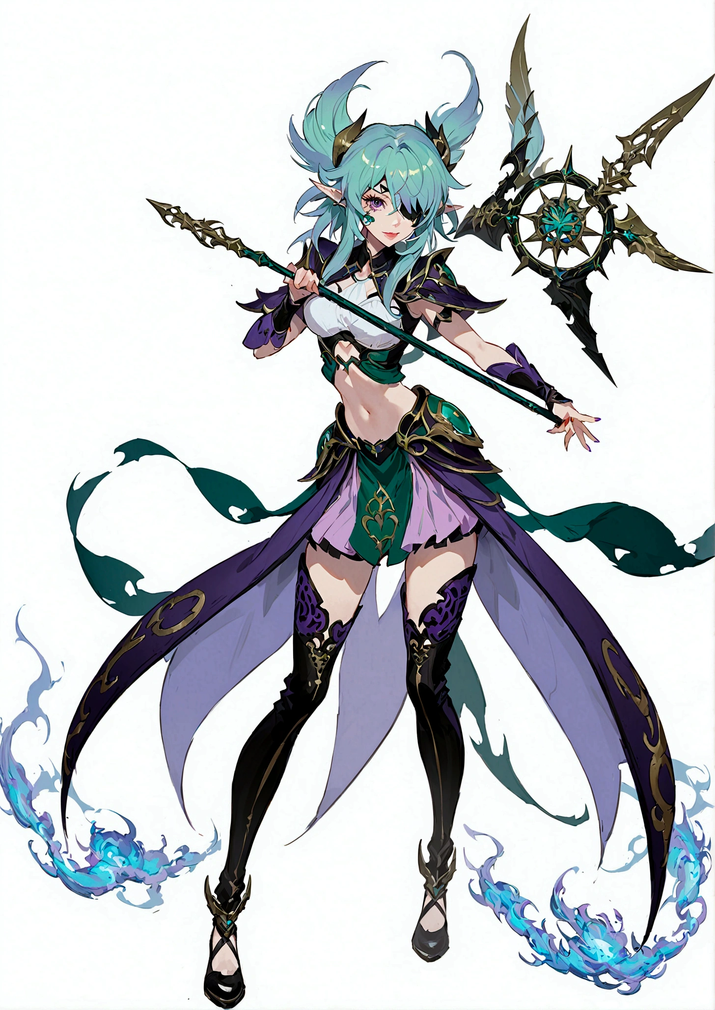 In a painting,A woman in purple clothes, 受 rossdraws 启发的Concept Art, tumblr, Concept Art, Seraphina Ali KDA, League of Legends style, Mysterious art style, dark witch, Arcane spells, League of Legends Characters, arcane league of legends,(Eye patches that completely cover the eyes:1.2),dark elf