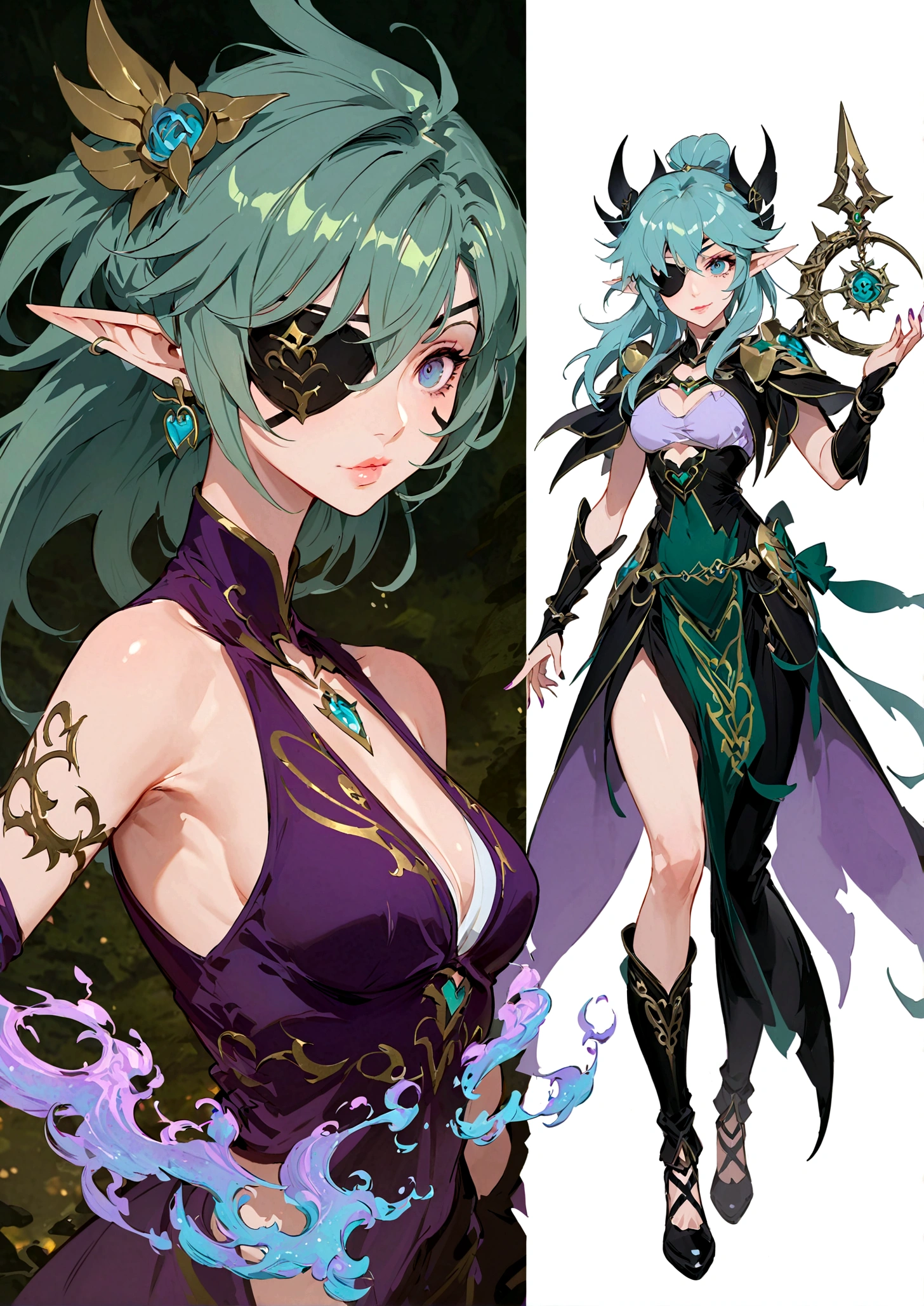 In a painting，A woman in purple clothes, 受 rossdraws 启发的Concept Art, tumblr, Concept Art, Seraphina Ali KDA, League of Legends style, Mysterious art style, dark witch, Arcane spells, League of Legends Characters, arcane league of legends,(Eye patches that completely cover the eyes:1.2),dark elf