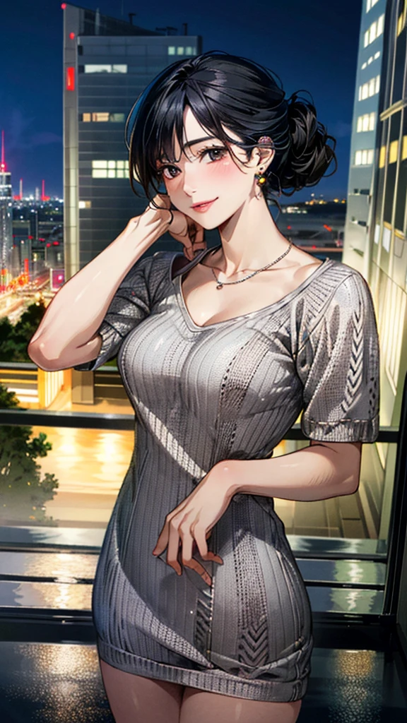 (masterpiece:1.3, Highest quality, Ultra-high resolution, Super detailed), (Realistic, photoRealistic:1.4), Beautiful illustrations, Perfect lighting, colorful, Depth of written boundary,
Beautiful detailed hair, Beautifully detailed face, Beautiful fine details, Beautiful clavicle, Beautiful body, 美しいLarge Breasts, Beautiful thighs, Beautiful feet, Beautiful fingers,
View Viewer、Front view:0.6, Beauty1人, Japanese, Beauty、30 years old, Perfect Face, (Perfect Anatomy, Anatomically correct), Cute and symmetrical face, Baby Face, , Shiny skin,
((Knit dress:1.4))
(Black Hair, Updo Hair:1.4), Dark brown eyes, Large Breasts, Slim body,
necklace, Small earrings:1.1,
(Beautiful views), (night), (city, cityscape in the distance), Standing with good posture, A soft smile、(Smile, Lips parted),
