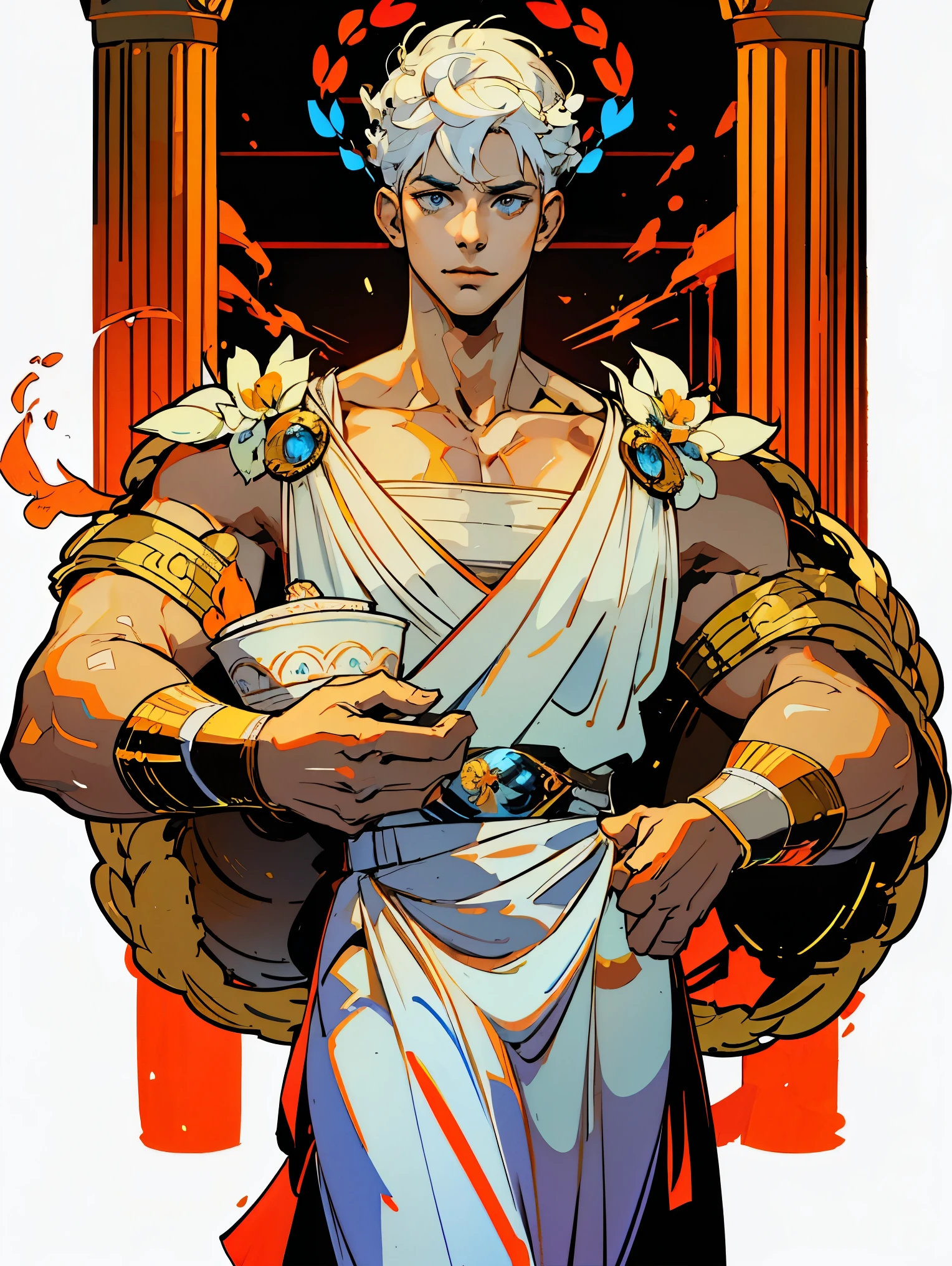 1boy, alone, 25 years old, young, white hair, blue eyes, insister sur les reflets des yeux bleus, cheveux blancs, mid lenght hair, bowl haircut, bowl hair cut, boss, formal business outfit, white outfit, white clothes, arrogant look, boastful expression, hades style, hades game, Jen zee style, greek themed image, greek background, hypnos, tartarus scenery, fumes, greek columns in background, lots of columns, greek architecture, white themed image, white furniture, orange touches of color, orange walls, looking at viewer, holding an urn of value hades game wiki obols, hades, game, wiki, obols
