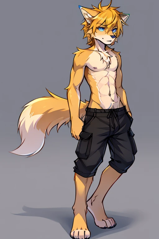 ( Absurdly , High quality , ultra detailed ) ,( hand detailed ) , 1boy, solo, teen, absurdres(highly detailed beautiful face and eyes)perfect anatomy, (Male yellow-gold wolf), (((lean-body))) ((thin body)) (fit), (dark-blue eyes, (lighter chest fur) (black cargo shorts), (sketch), barefoot, intense eyes,  gold fur, gold hair (Thomas Fischbach style legs) (animal feet)