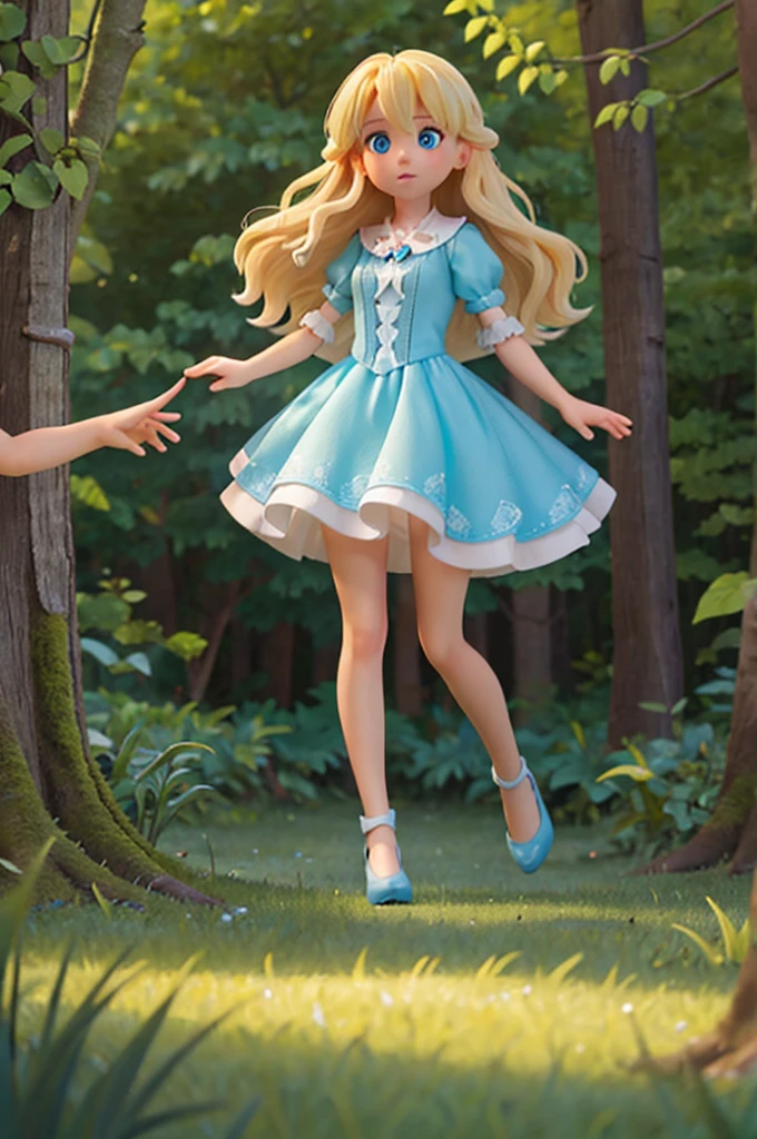 the one with long blonde hair and light blue eyes follows the fairy with short blonde hair into the woods
they hold hands