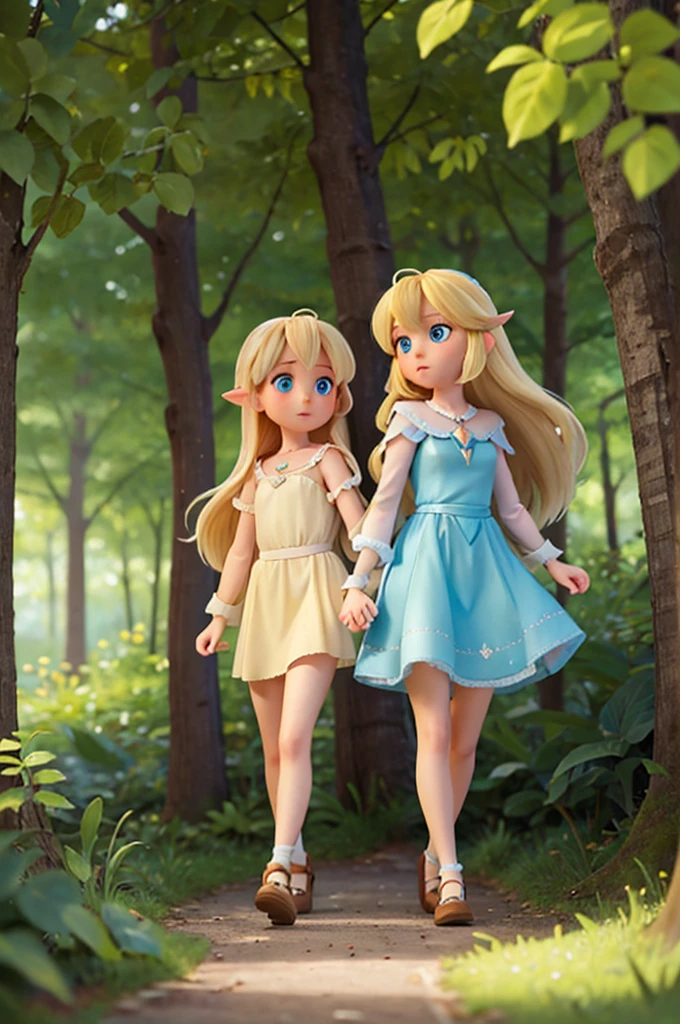 the one with long blonde hair and light blue eyes follows the fairy with short blonde hair into the woods
they hold hands