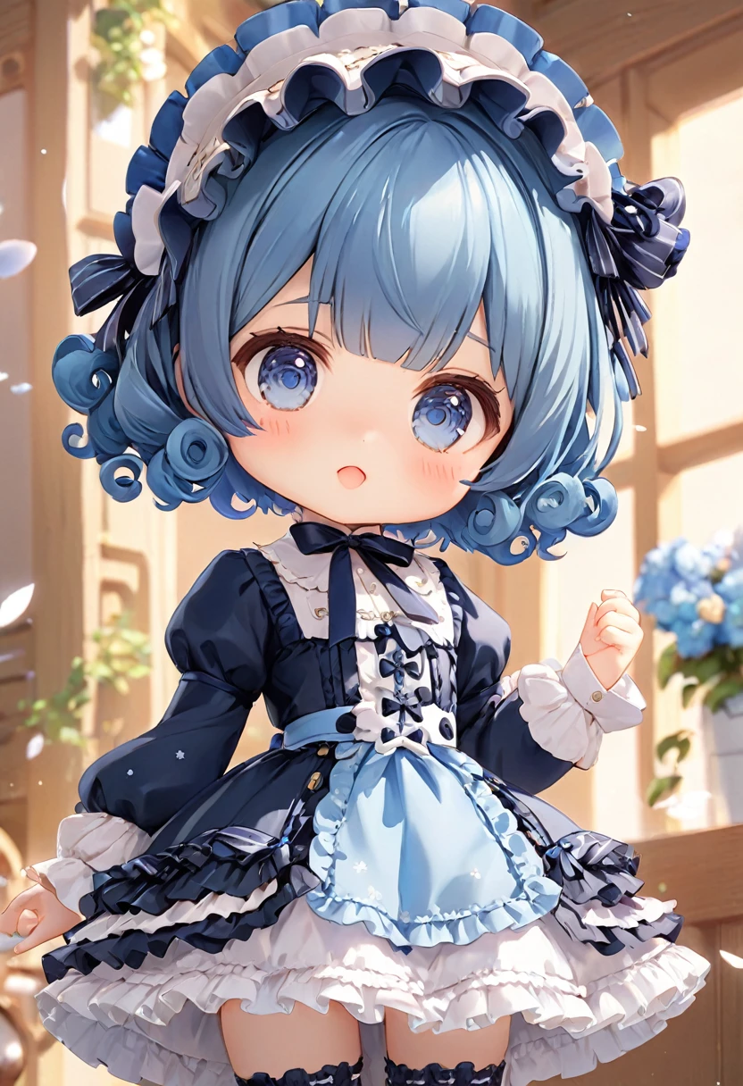 Sky blue short curly hair，Lolita Skirt，cute，detail，Q version，小巧cute